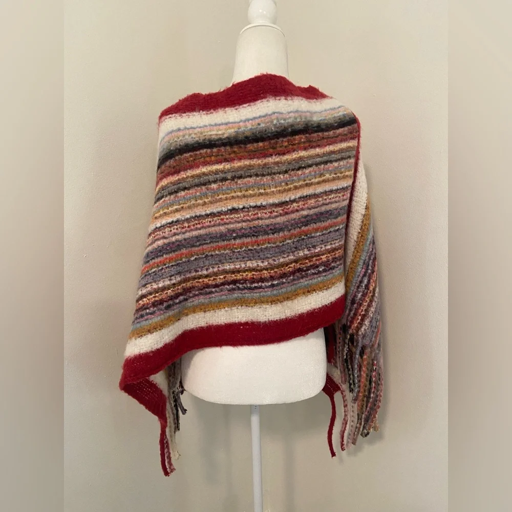 Handmade stripe chunky knit one size colorful rainbow fringe trim poncho sweater